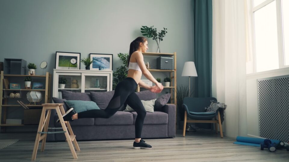 Aerobics for Beginners home cardio cover showing simple movement icons and a weekly plan board